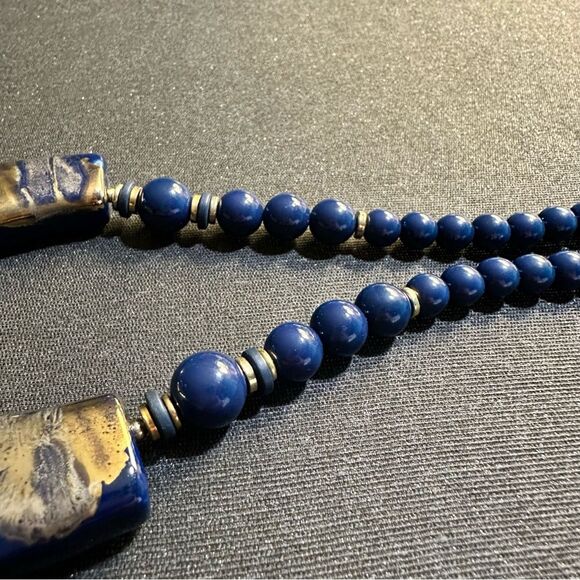 Vintage Blue Ceramic Statement Necklace Gold Glazed Art Pottery Beaded Necklace - Picture 6 of 7